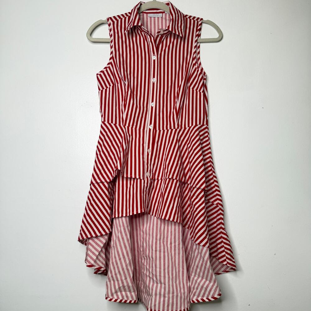 New York & Company Red & White Striped Tiered High-Low Shirt Dress Size XS